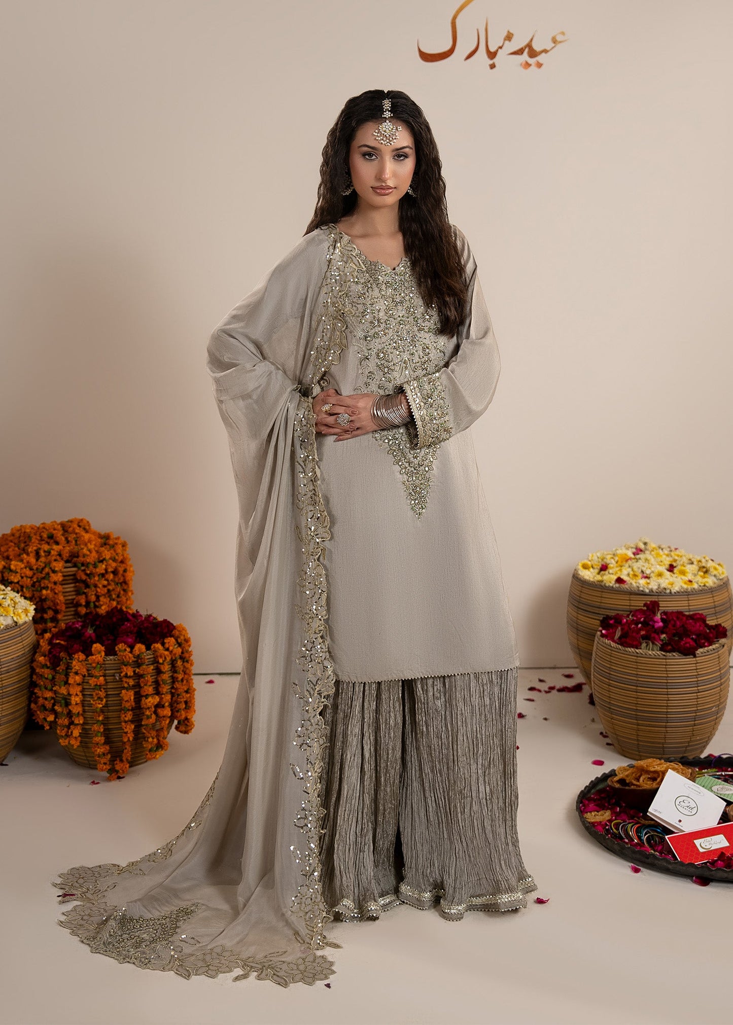 Grey Heavy Embroidery Raw Silk Kurti Sharara Online in Sri Lanka India Australia