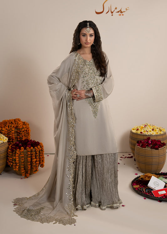 Grey Heavy Embroidery Raw Silk Kurti Sharara Online in Sri Lanka India Australia