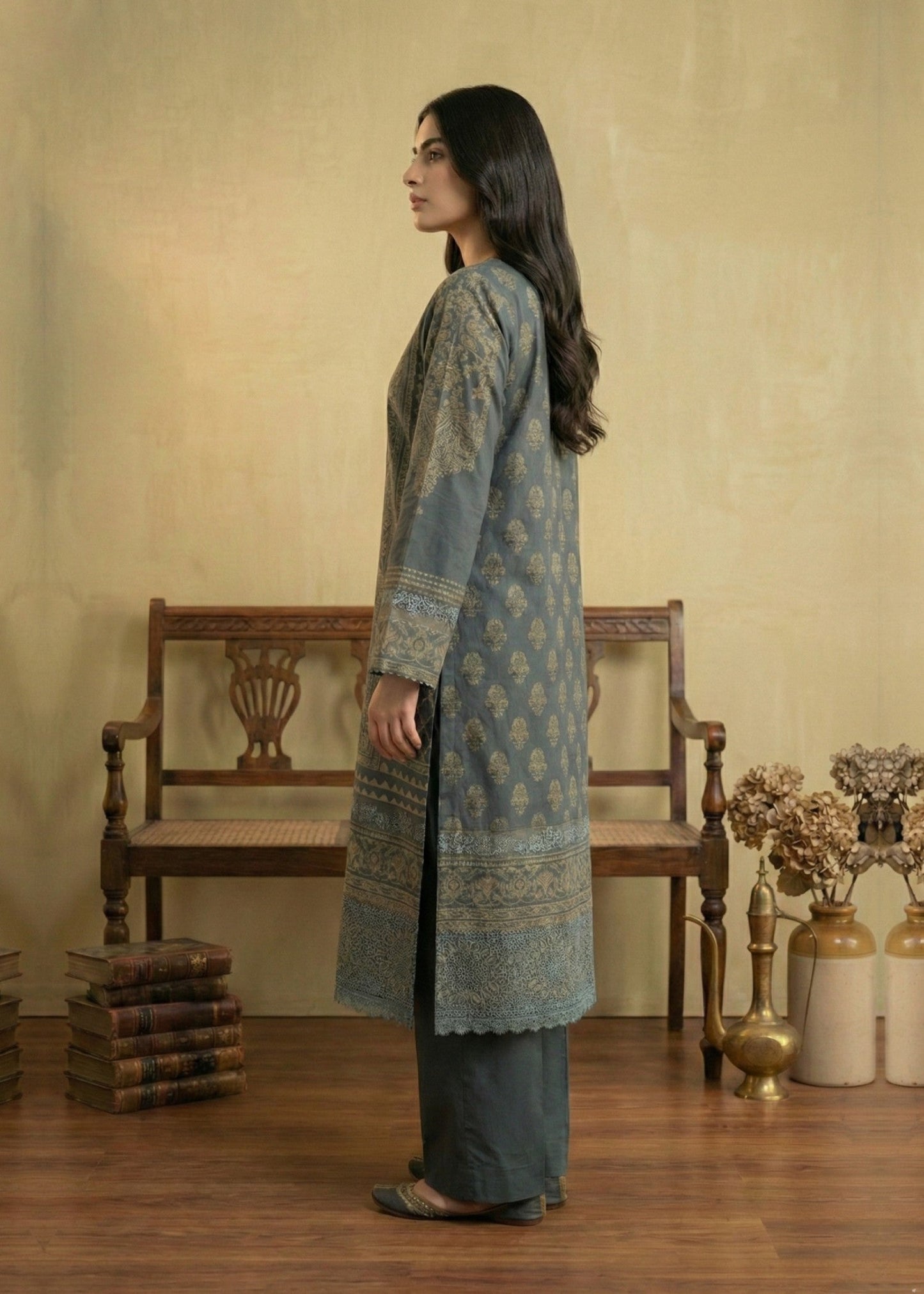 Grey Jacquard Embroidered Three Piece Suit Online in Sri Lanka India Australia