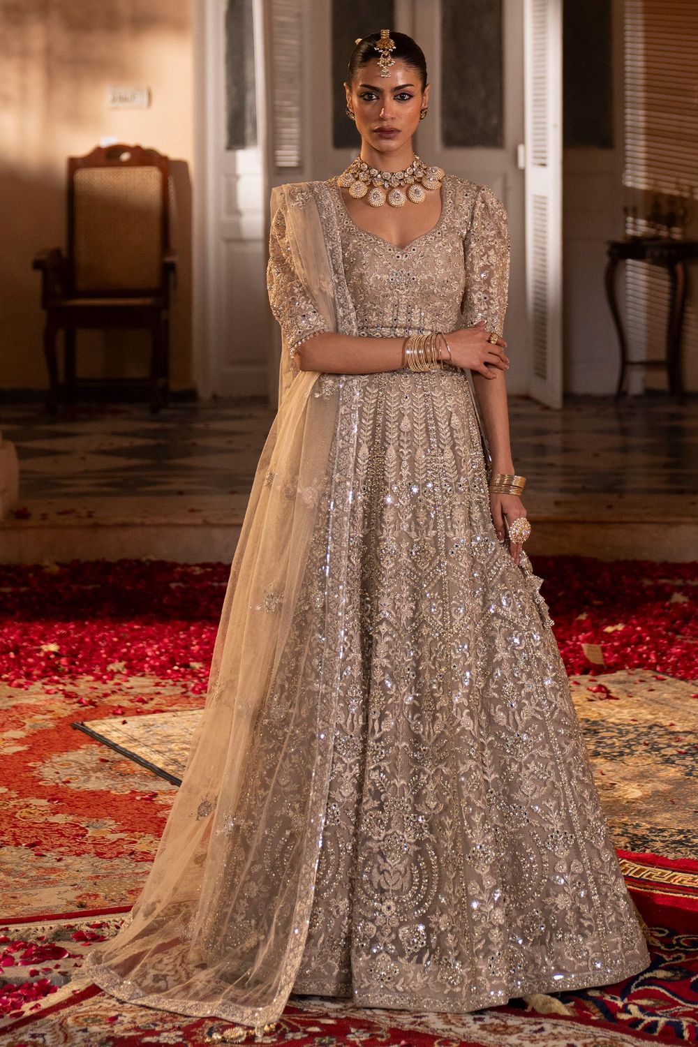 Grey Net Flared Lehenga Party Wear Suit Online in Dubai UAE Abudhabi Ajman Sharjah
