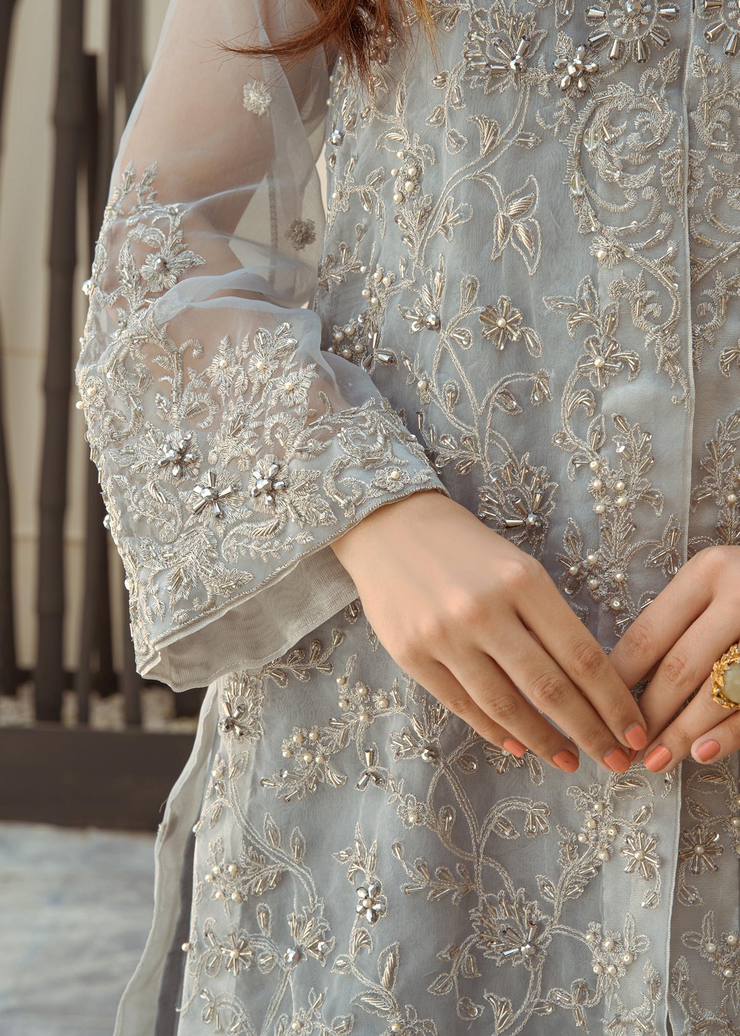 Grey Organza Embellished Festive Suit Online in Dubai UAE Abudhabi Ajman Sharjah