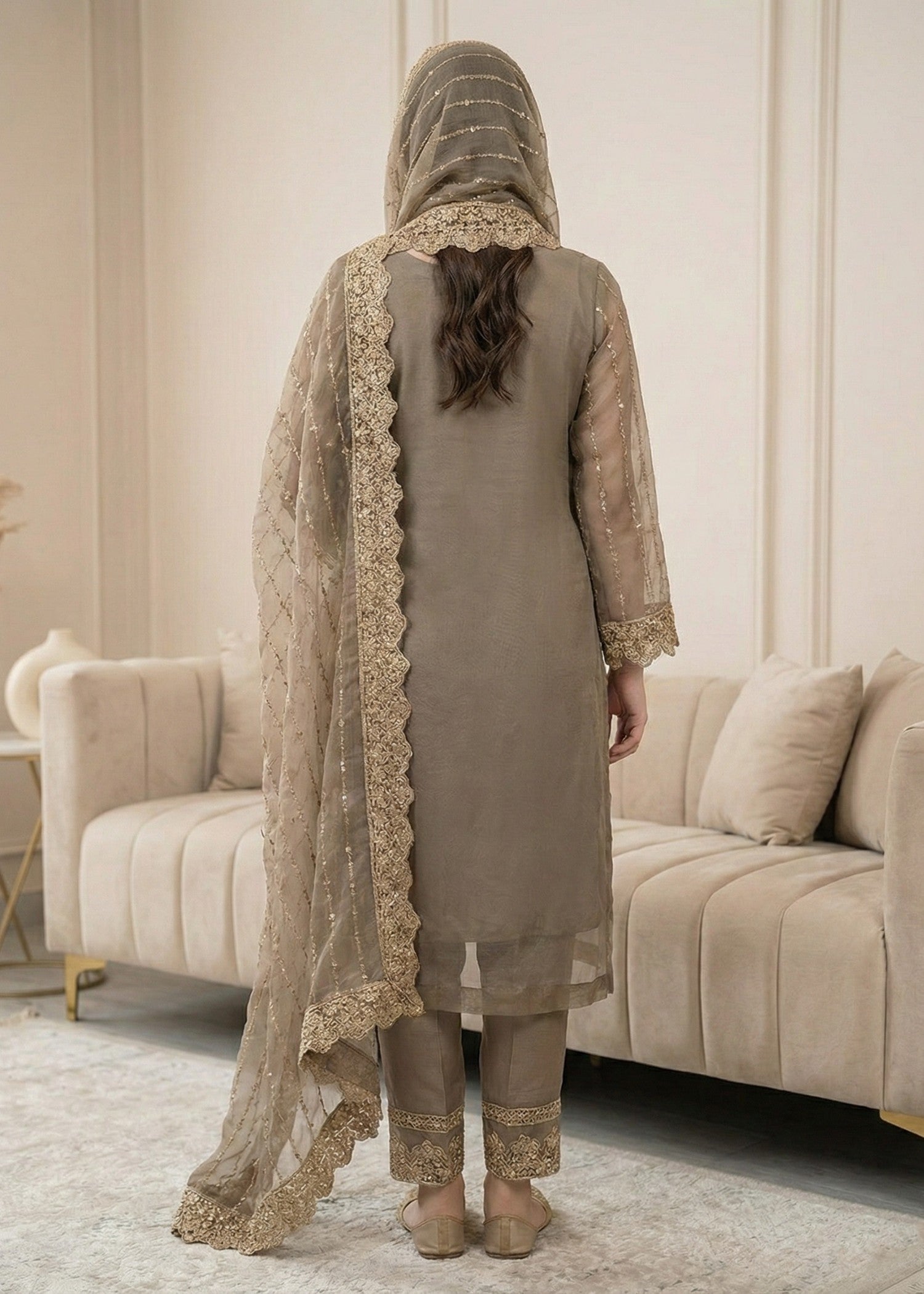 Grey Organza Embroidered Festive Suit Online in UK USA Canada