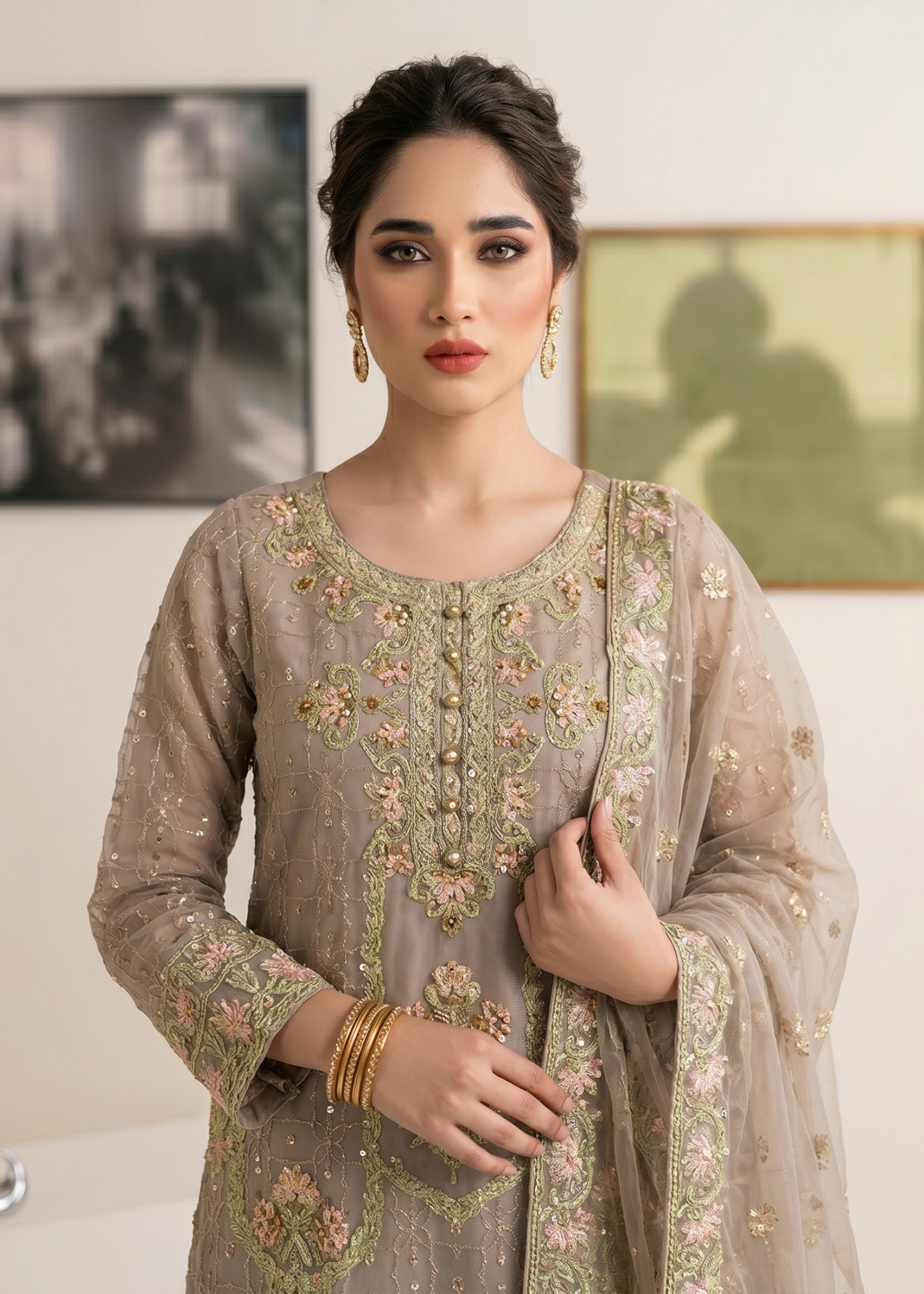 Grey Organza Embroidered Partywear Salwar Kameez Online in KSA Riyadh Saudi Arabia Oman Bahrain Qatar