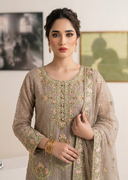 Grey Organza Embroidered Partywear Salwar Kameez Online in KSA Riyadh Saudi Arabia Oman Bahrain Qatar