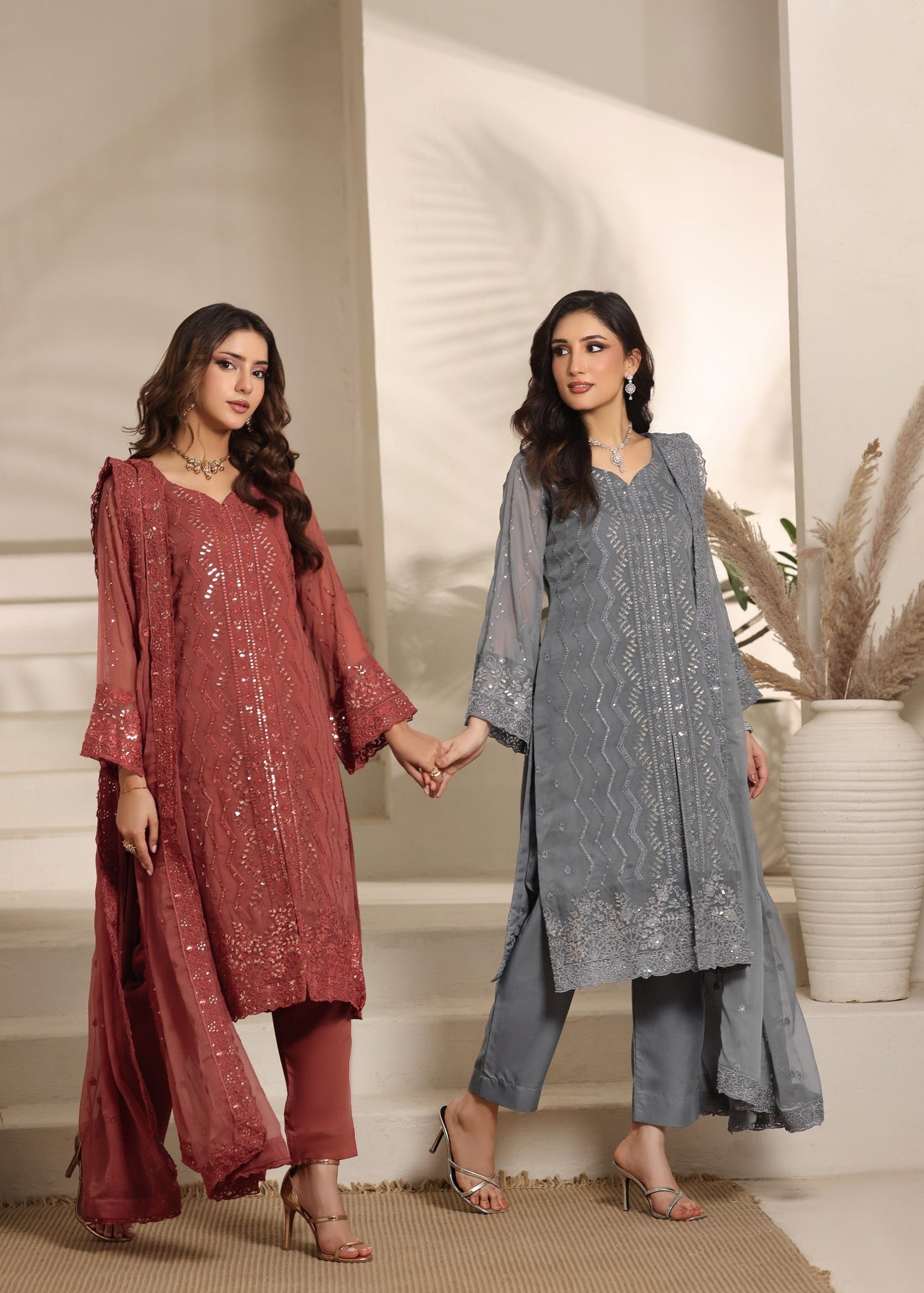 Grey Partywear Embroidered Chiffon Suit Online in KSA Riyadh Saudi Arabia Oman Bahrain Qatar
