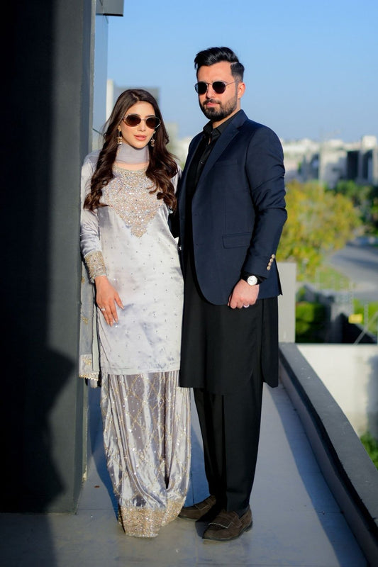 Grey PK Charmuse Silk Peplum Kurta Festive Suit Online in Dubai UAE Abudhabi Ajman Sharjah