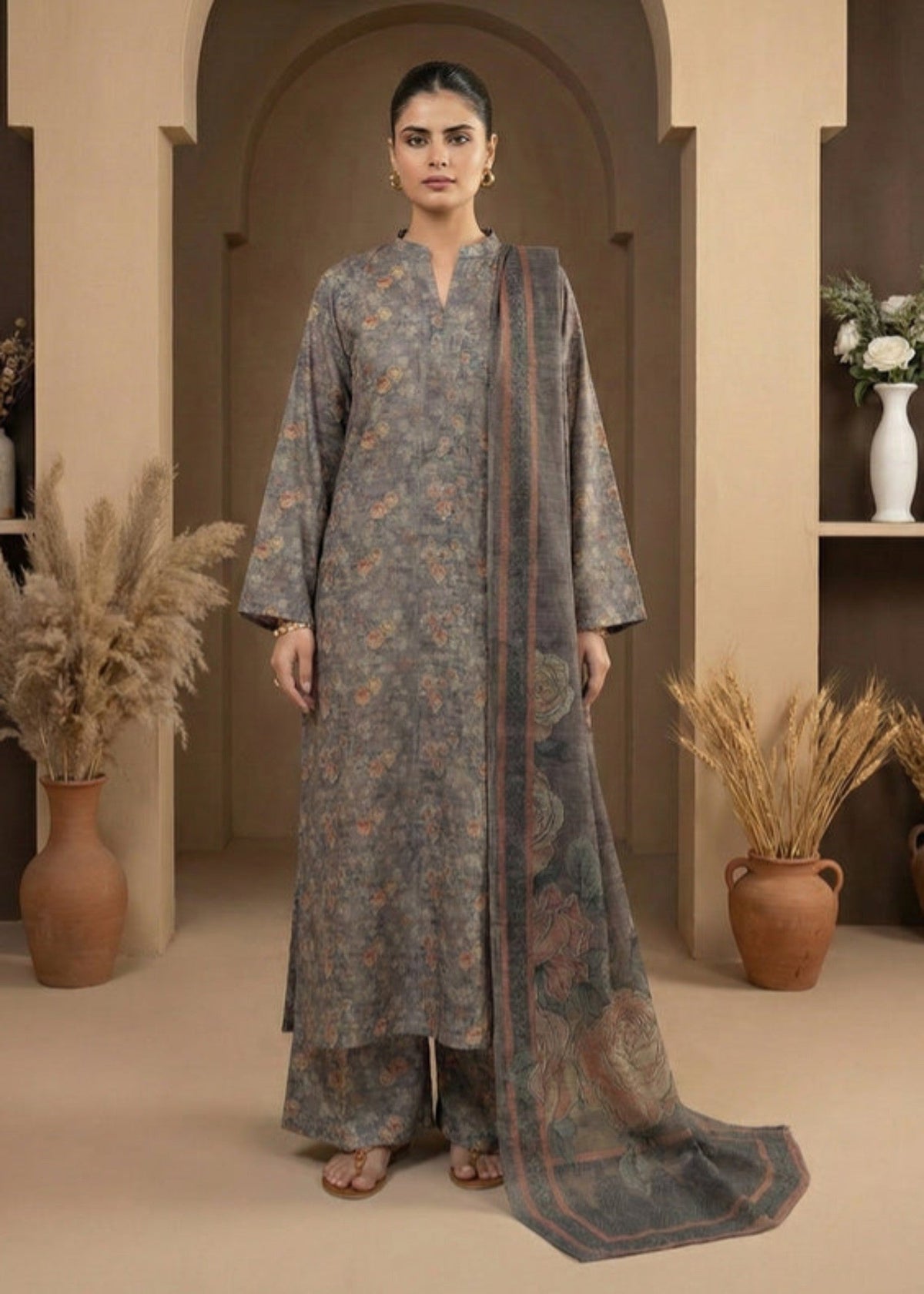Grey Silk Pakistani Suit Online in Dubai DXB UAE Abudhabi Meena Bazaar