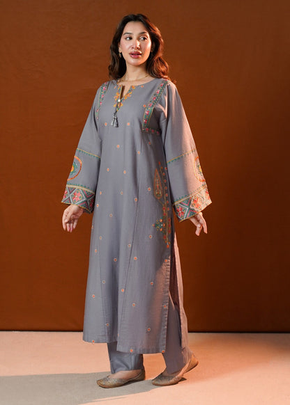 Grey Slub Khaddar 2 Piece Pakistani Kurta Set Online in KSA Riyadh Saudi Arabia Oman Bahrain Qatar
