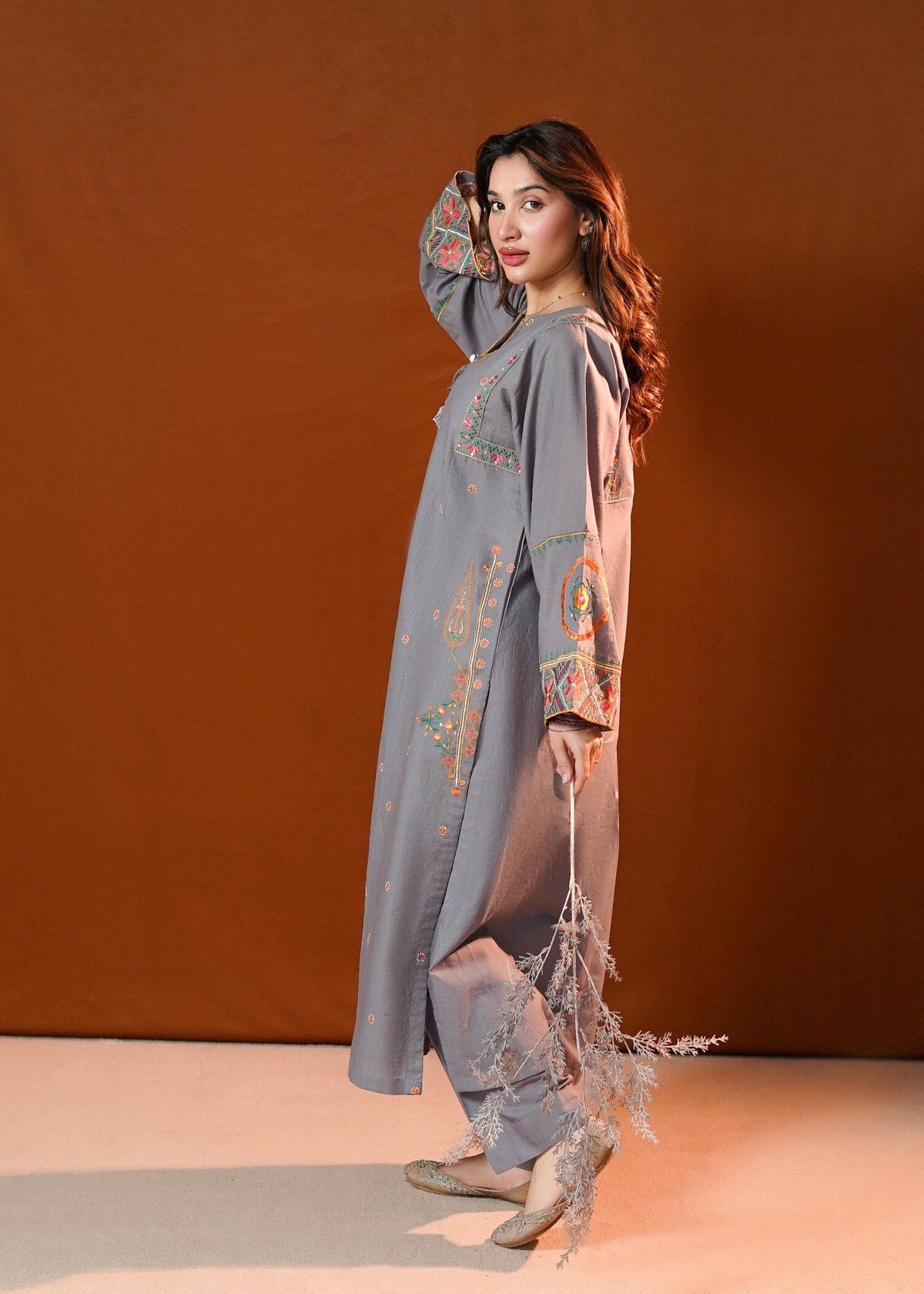 Grey Slub Khaddar 2 Piece Stitched Kurta Set Online in Dubai UAE Abudhabi Ajman Sharjah
