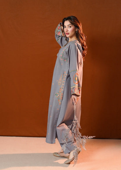 Grey Slub Khaddar 2 Piece Stitched Kurta Set Online in Dubai UAE Abudhabi Ajman Sharjah