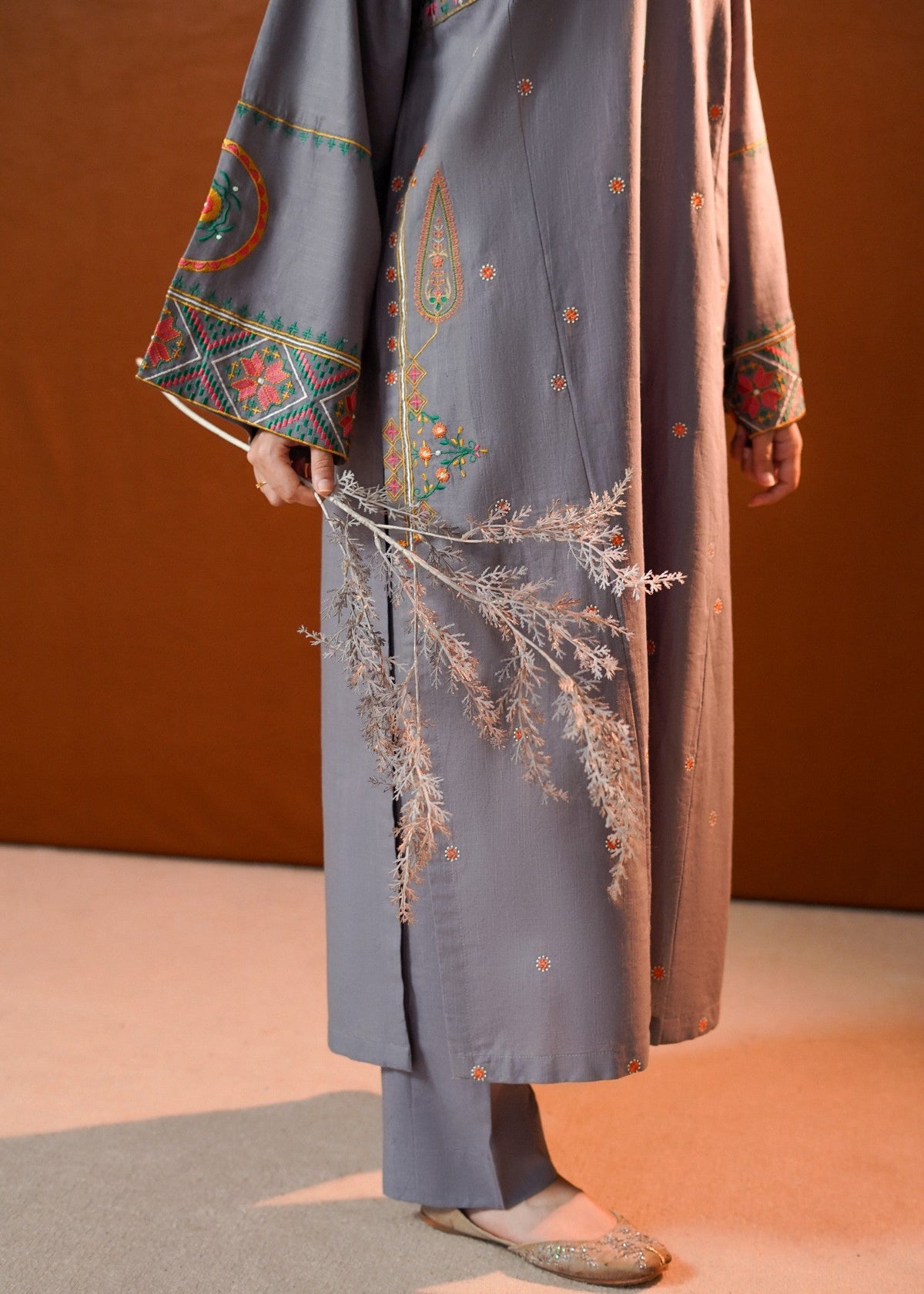 Grey Slub Khaddar Embroidered Kurta Set Online in Dubai DXB UAE Abudhabi Meena Bazaar