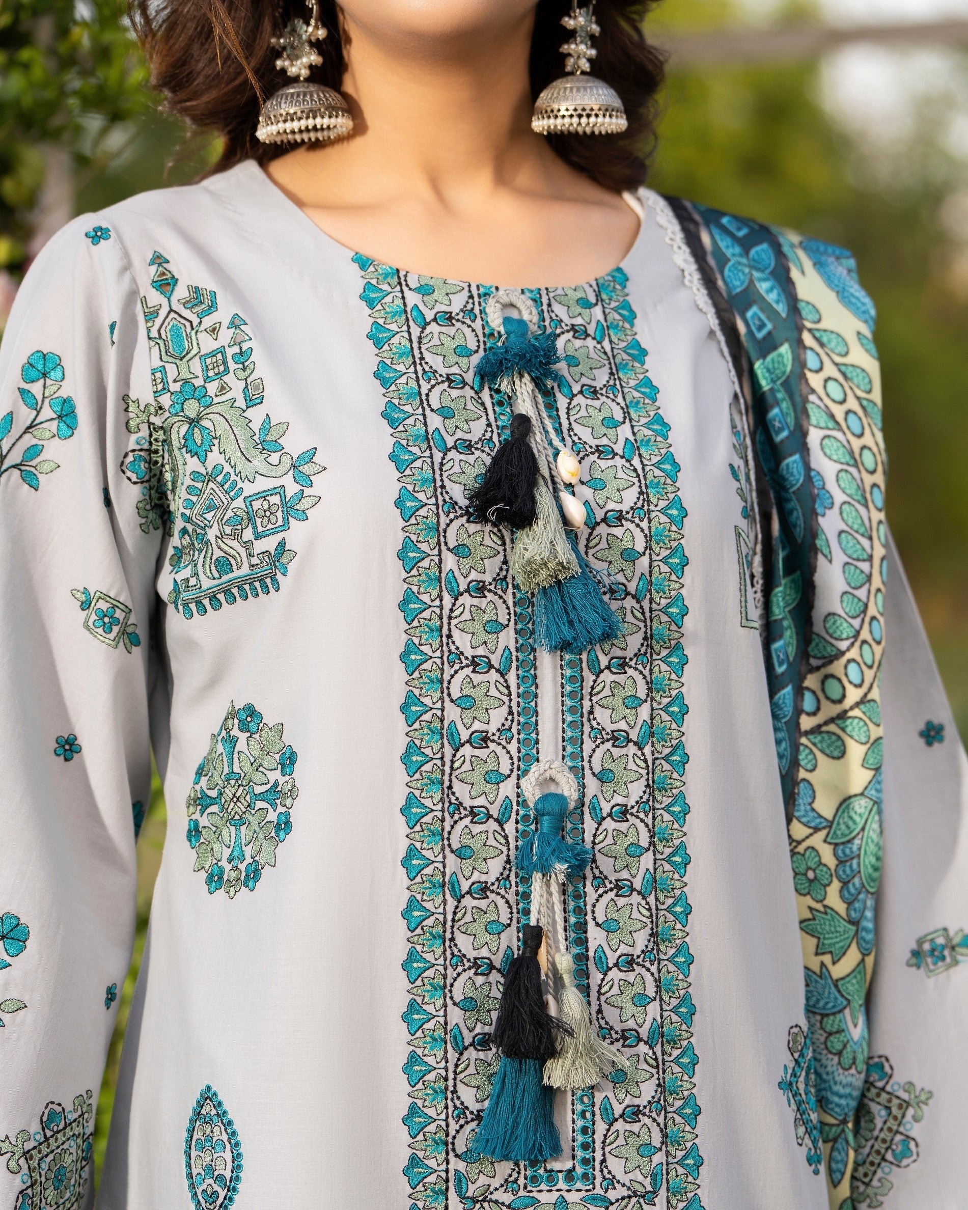 Grey Thread Work Silk Ready to Wear Suit Online in Dubai DXB UAE Abudhabi Meena Bazaar