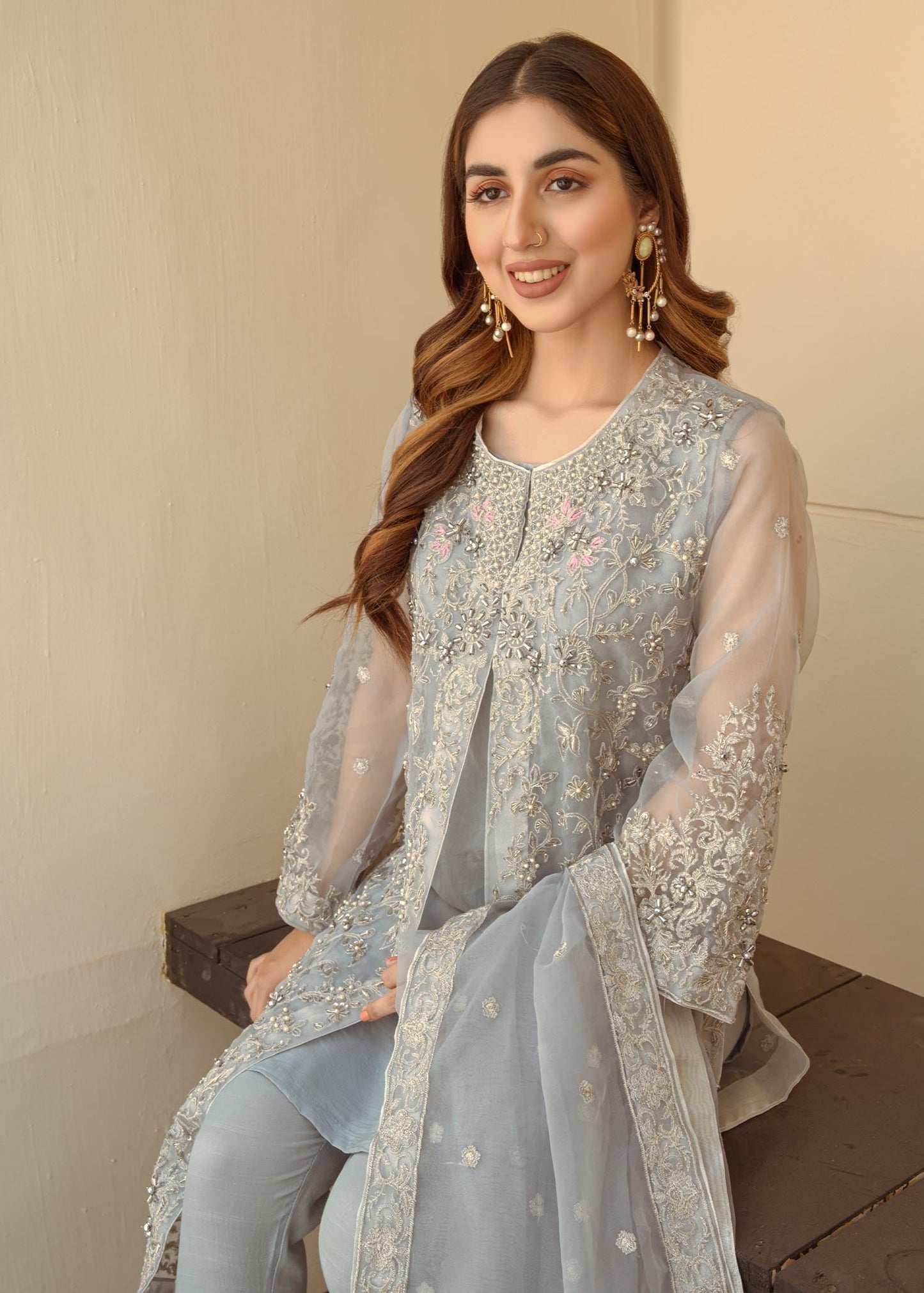 Grey Tilla Embellished Organza Dupatta Suit Online in Sri Lanka India Australia