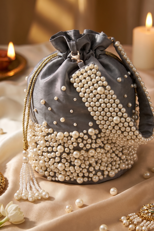 Grey Velvet Pearl Embellished Potli Bag Online in Dubai UAE Abudhabi Ajman Sharjah