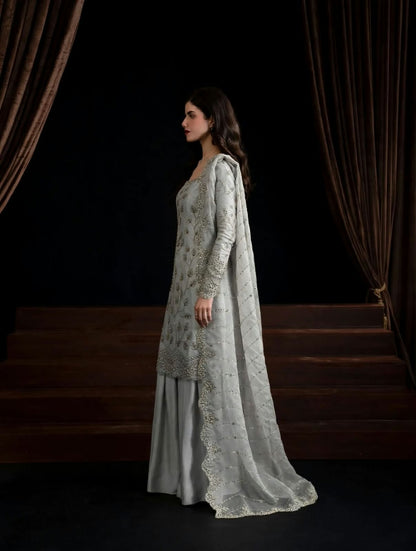 Grey Pure Crinkle Chiffon Suit with Cutdana Work