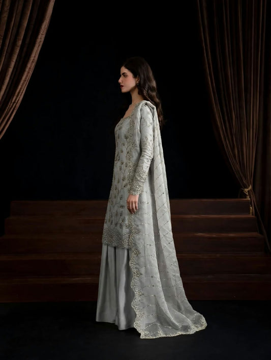 Grey Pure Crinkle Chiffon Suit with Cutdana Work