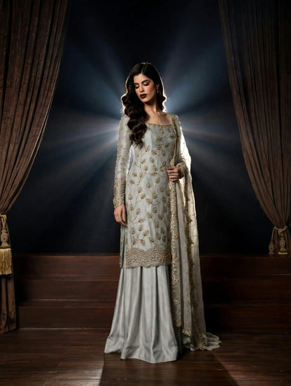 Grey Pure Crinkle Chiffon Suit with Cutdana Work