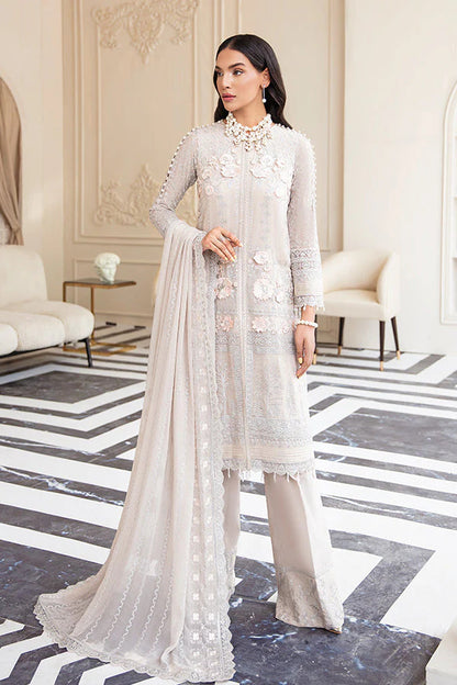 Soft Grey Chiffon Suit with 3D Flowers