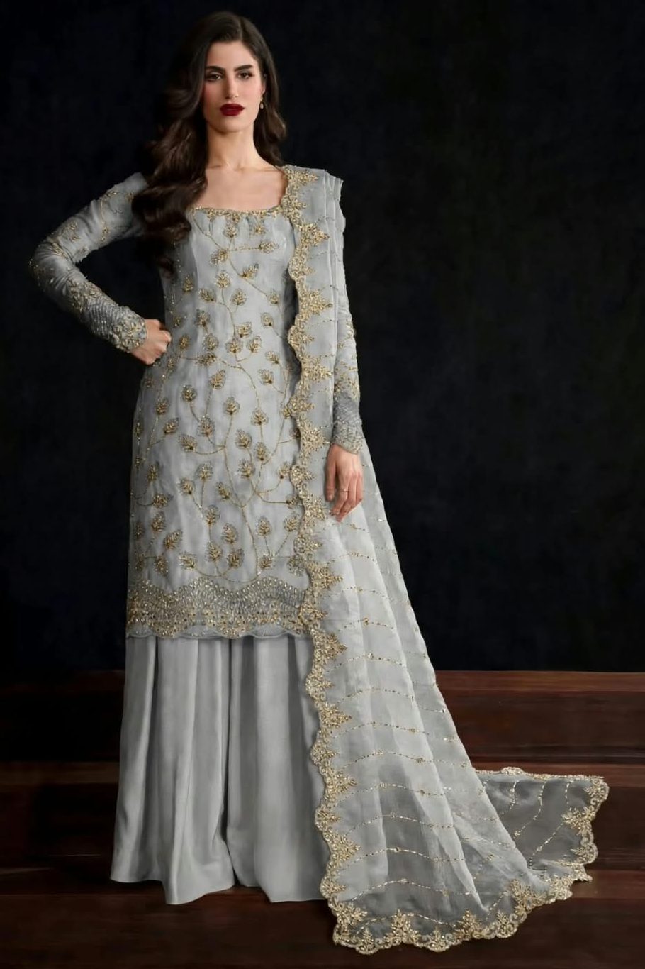Grey Pure Crinkle Chiffon Suit with Cutdana Work