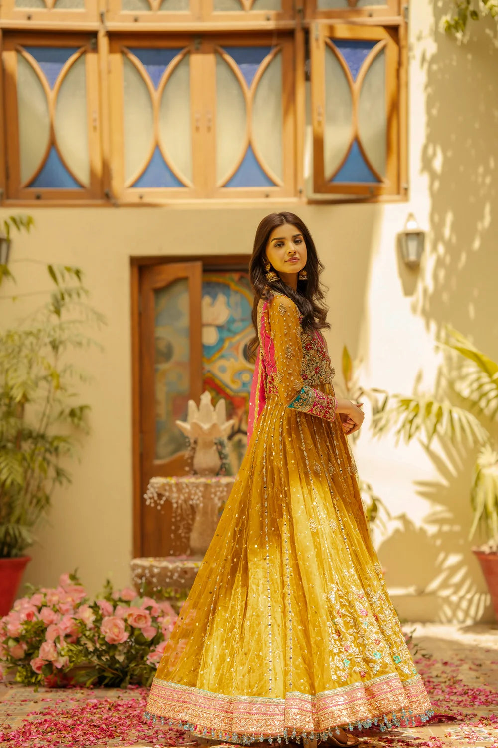 Yellow Koti-Style Embellished Net Bridal Anarkali Maxi / Lehenga Choli