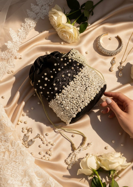 Hand Embellished Black Velvet Potli Bag Online in UK USA Canada