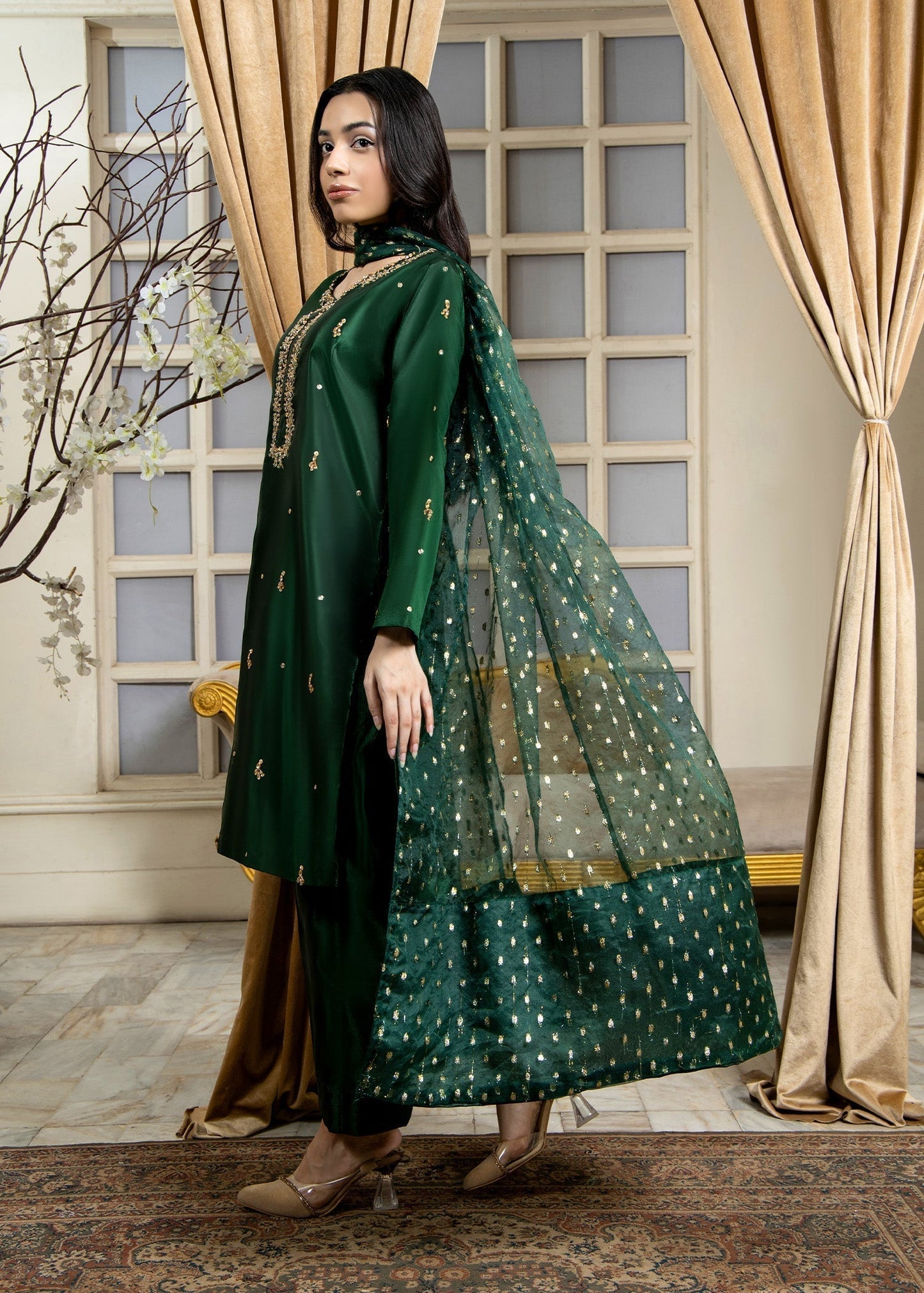 Hand Embellished Bottle Green Kattan Silk Salwar Kameez Online in KSA Riyadh Saudi Arabia Oman Bahrain Qatar