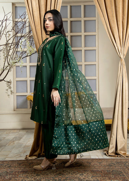 Hand Embellished Bottle Green Kattan Silk Salwar Kameez Online in KSA Riyadh Saudi Arabia Oman Bahrain Qatar