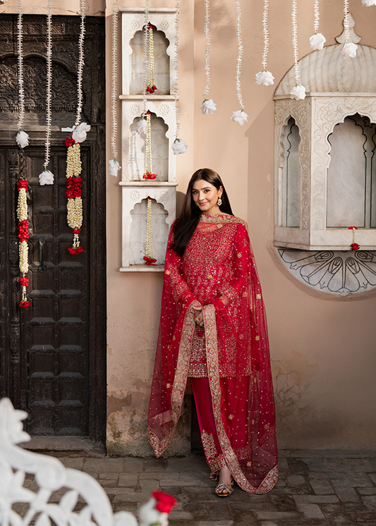 Hand-Embellished Deep Pink Charmuse Pakistani Wedding Dress Online in Sri Lanka India Australia