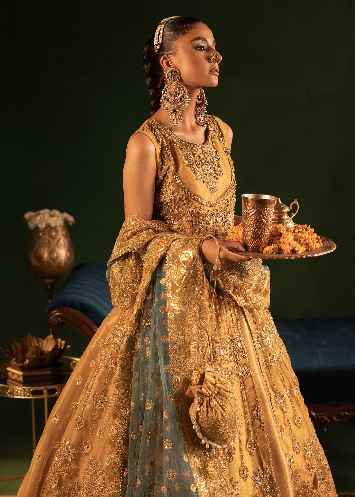 Hand Embellished Gold Net Pakistani Formal Suit Online in Dubai UAE Abudhabi Ajman Sharjah