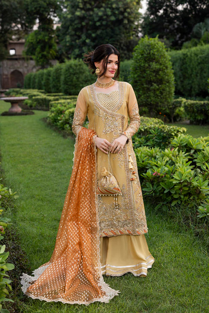 Hand Embellished Gold Organza Angrakha Sharara Online in Dubai DXB UAE Abudhabi Meena Bazaar
