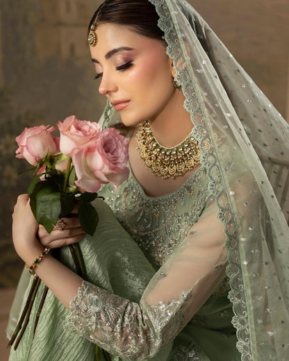 Hand Embellished Green Organza Pakistani Suit Online in Dubai DXB UAE Abudhabi Meena Bazaar