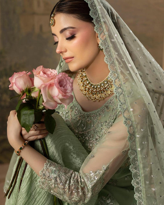 Hand Embellished Green Organza Pakistani Suit Online in Dubai DXB UAE Abudhabi Meena Bazaar
