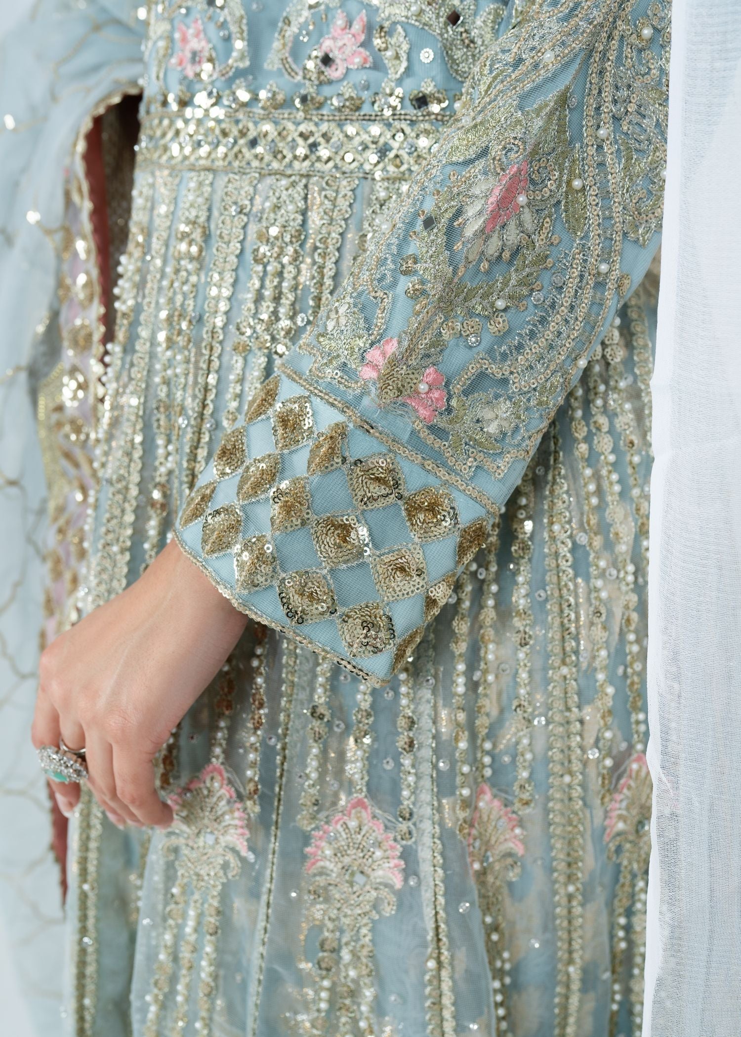Hand Embellished Ice Blue Net Maxi Dress Online in Dubai UAE Abudhabi Ajman Sharjah