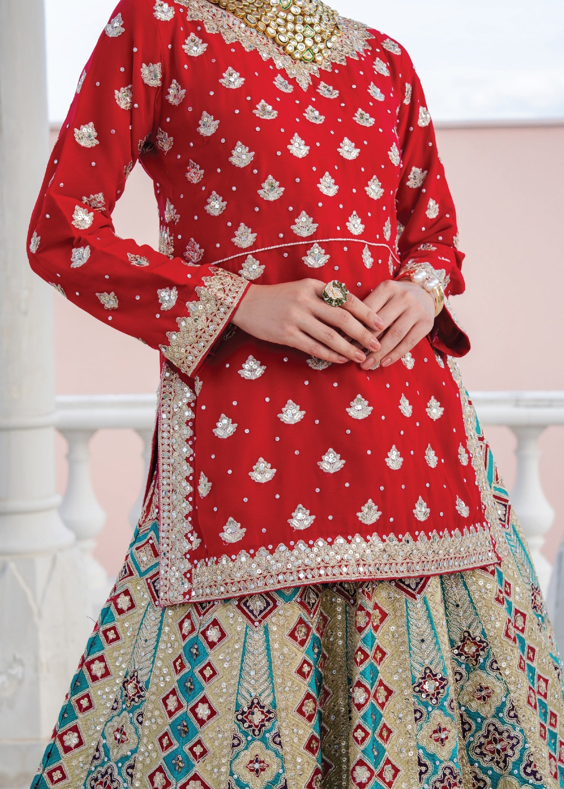 Hand-Embellished Imperial Red Chiffon Salwar Kameez Online in UK USA Canada