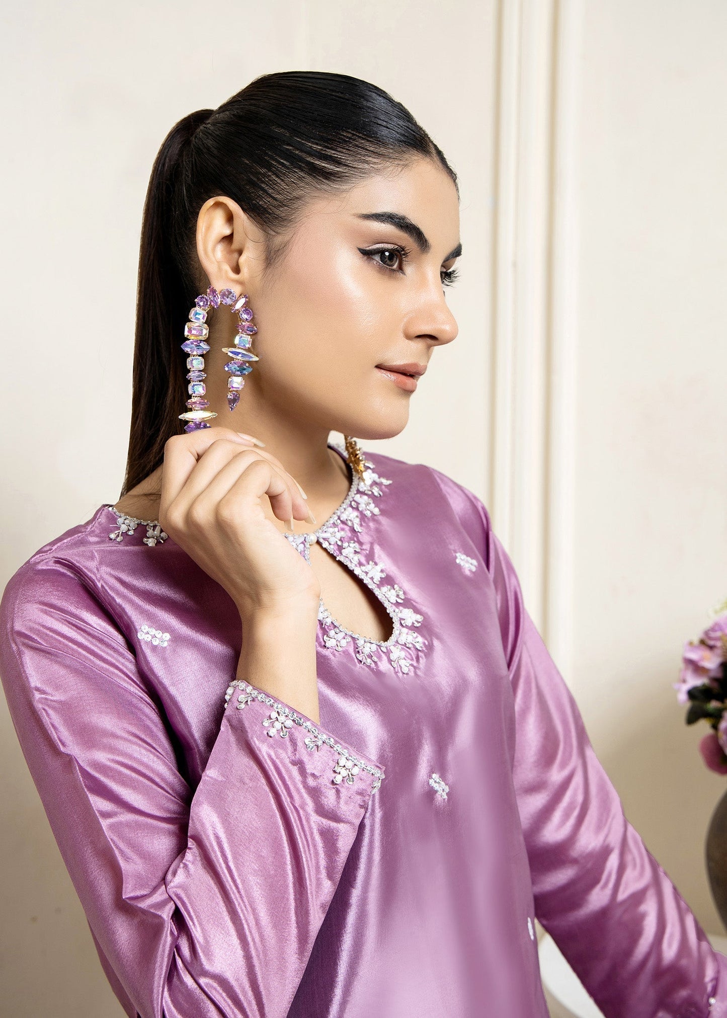 Hand Embellished Mauve Kattan Silk Kurta Farshi Shalwar Online in Dubai DXB UAE Abudhabi Meena Bazaar