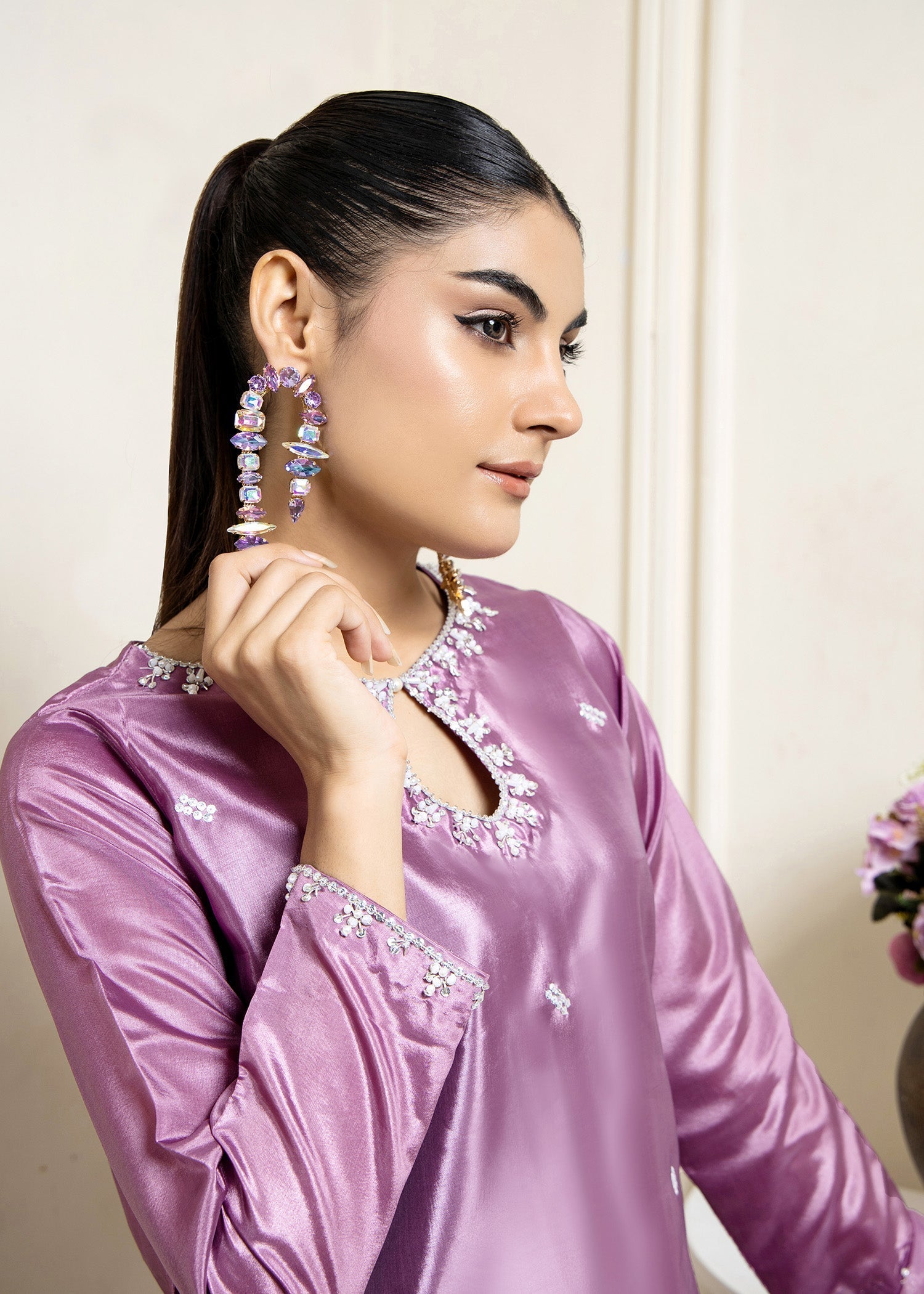 Hand Embellished Mauve Kattan Silk Kurta Farshi Shalwar Online in Dubai DXB UAE Abudhabi Meena Bazaar
