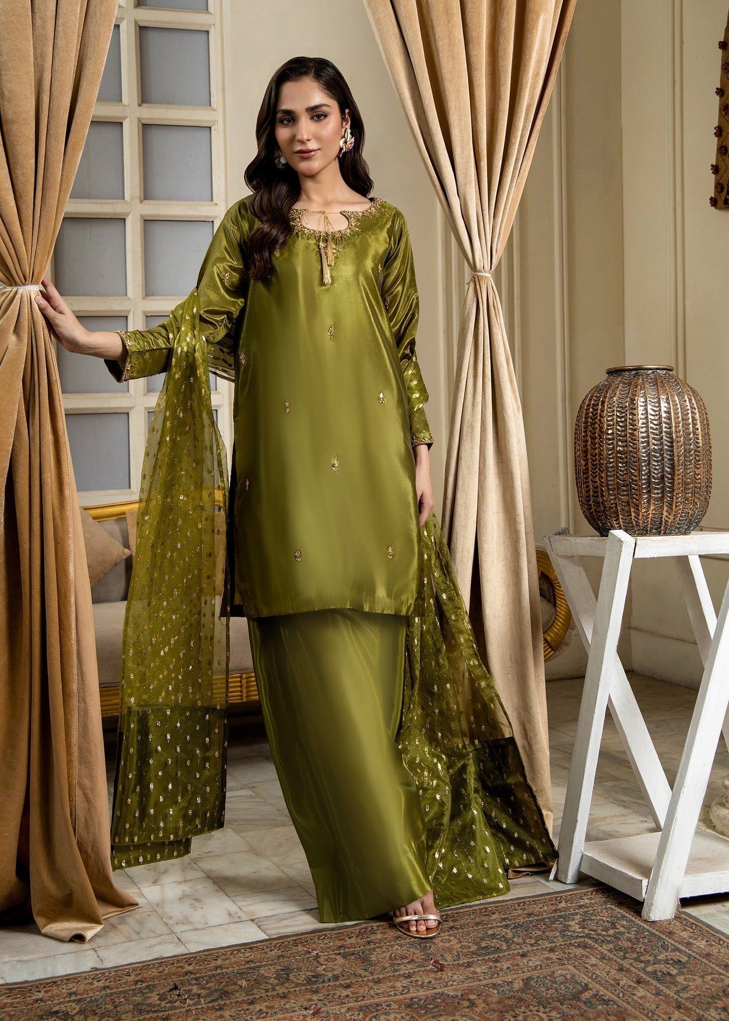 Hand Embellished Olive Green Party Wear Farshi Shalwar Online in Dubai UAE Abudhabi Ajman Sharjah