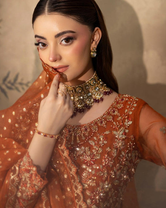 Hand Embellished Rust Organza Wedding Sharara Online in Dubai DXB UAE Abudhabi Meena Bazaar