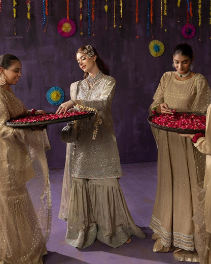 Hand Embellished Silver Gharara with Kiran Lace Dupatta Online in Dubai DXB UAE Abudhabi Meena Bazaar