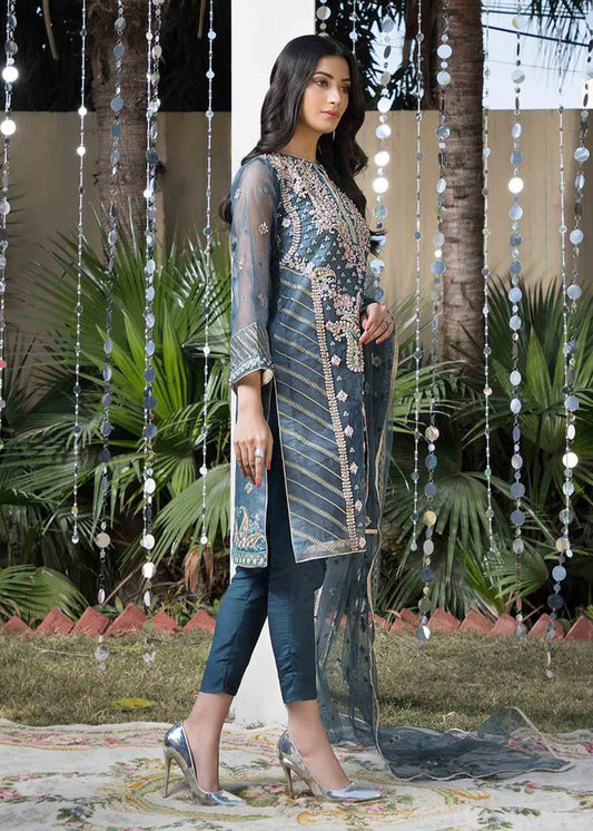 Hand Embellished Teal Net Dupatta Suit Online in Sri Lanka India Australia