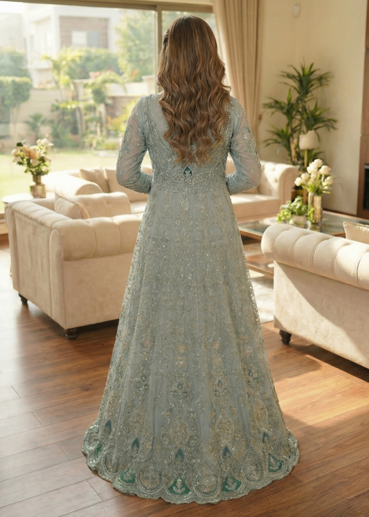 Hand Embroidered Frost Blue Organza Festive Suit Online in Dubai DXB UAE Abudhabi Meena Bazaar
