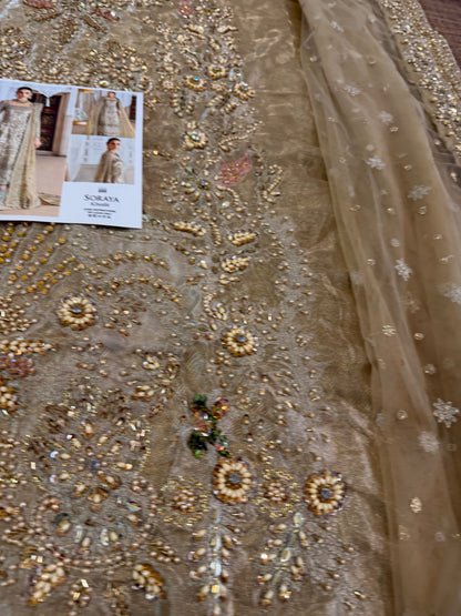 Hand Embroidered Golden Chiffon Wedding Outfit Online in Dubai UAE Abudhabi Ajman Sharjah