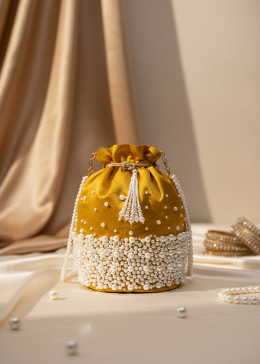 Handcrafted Mustard Velvet Bridal Potli Bag Online in UK USA Canada