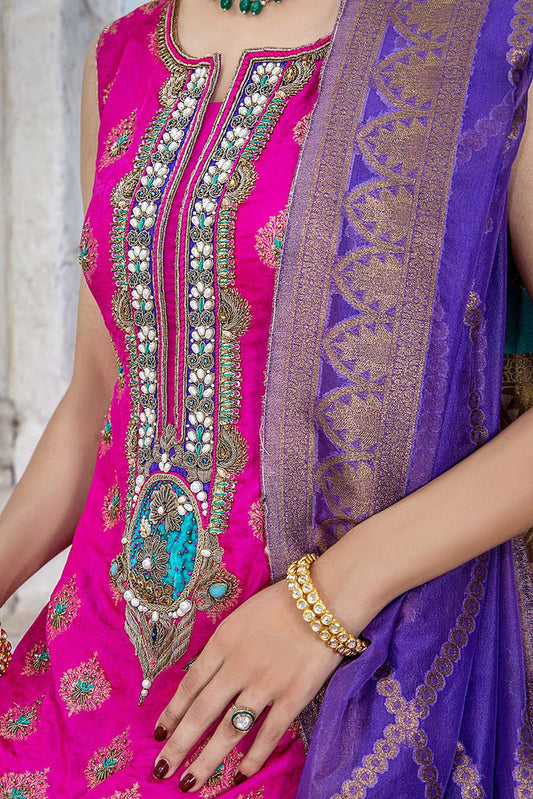 Hand Embroidered Pure Silk Jamawar Suit
