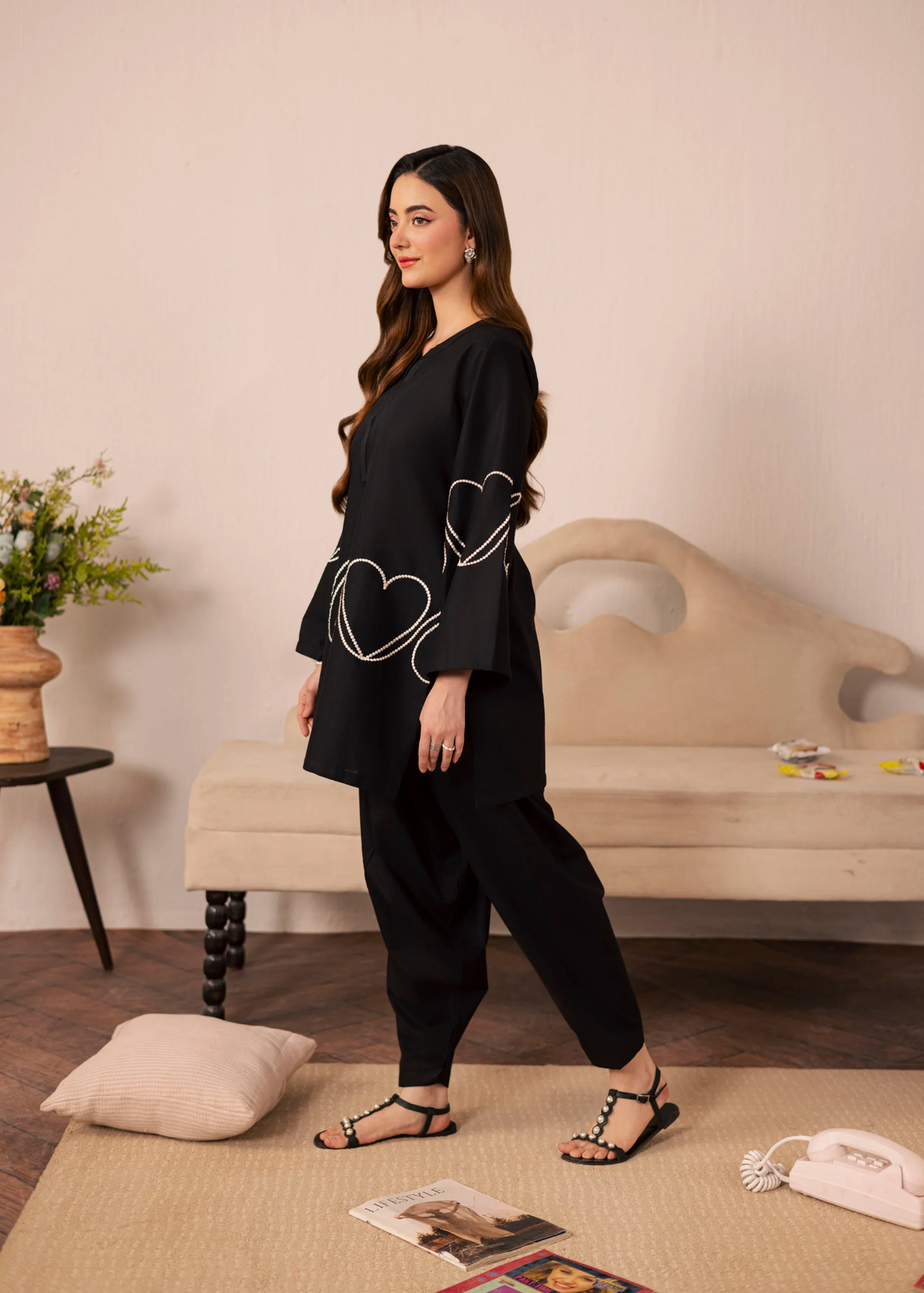 Black Embroidered Lawn Kurta Set Pakistani Clothes Online in UK USA Canada