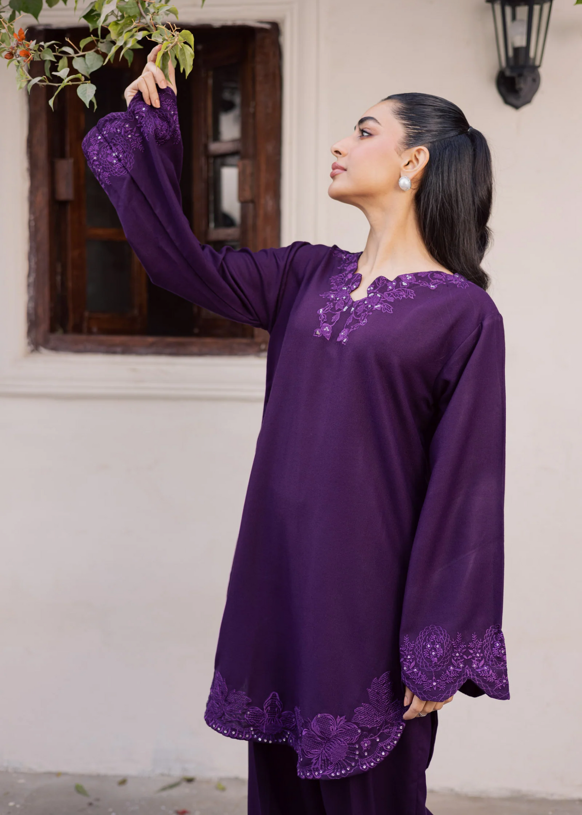 Straight Cut Purple Embroidered Lawn Kurta Set Online in Sri Lanka India Australia