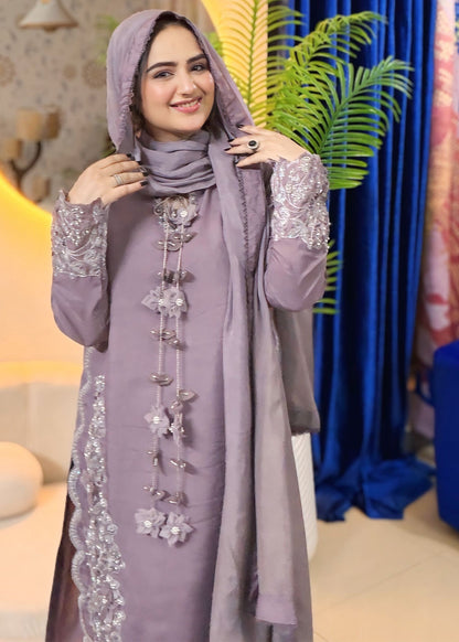Heavy Embroidered Lilac Raw Silk Partywear Outfit Online in Dubai DXB UAE Abudhabi Meena Bazaar