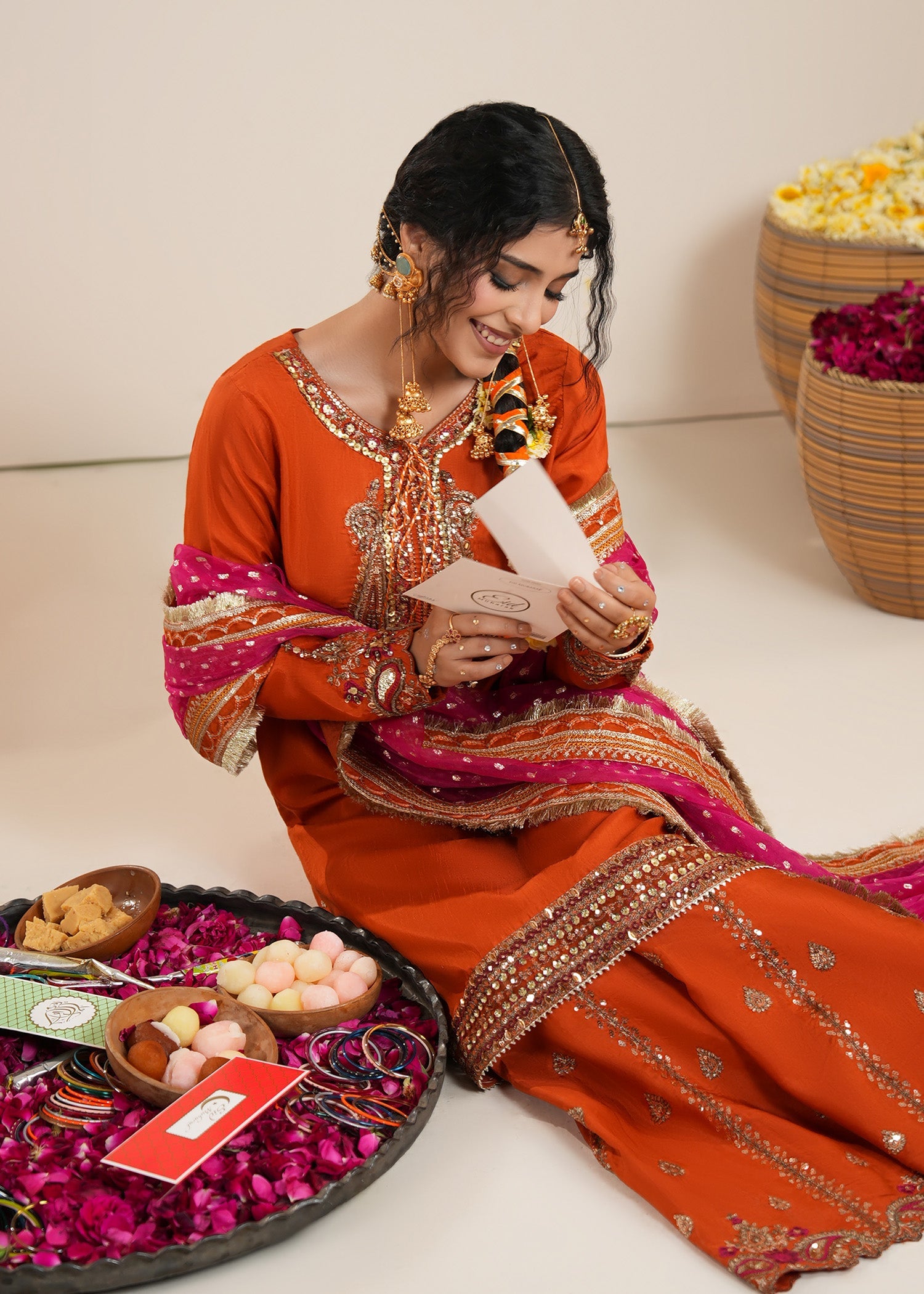 Heavy Embroidered Sharara Rust Orange Wedding Wear Online in Dubai DXB UAE Abudhabi Meena Bazaar