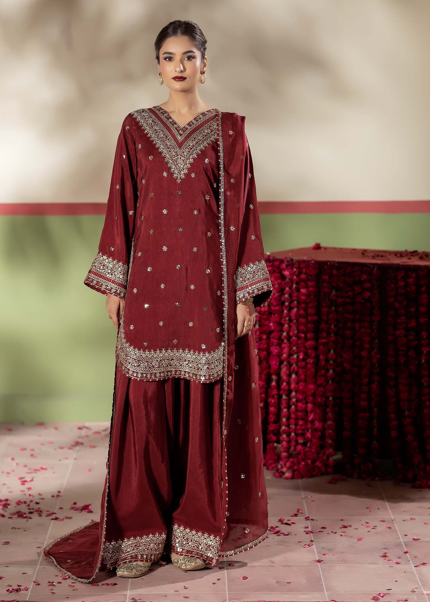 Heavy Work Maroon Raw Silk Farshi Dress Online in UK USA Canada