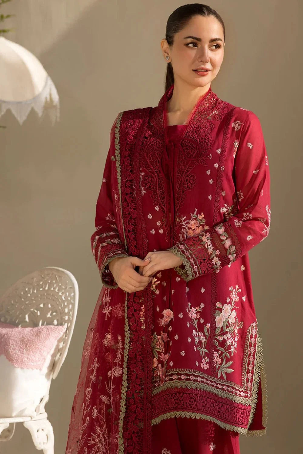 Red Heavy Embroidered Lawn Suit